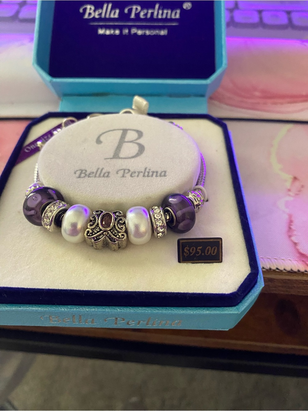 Bella Perlina Purple, White & Silver Beaded Charm Bracelet